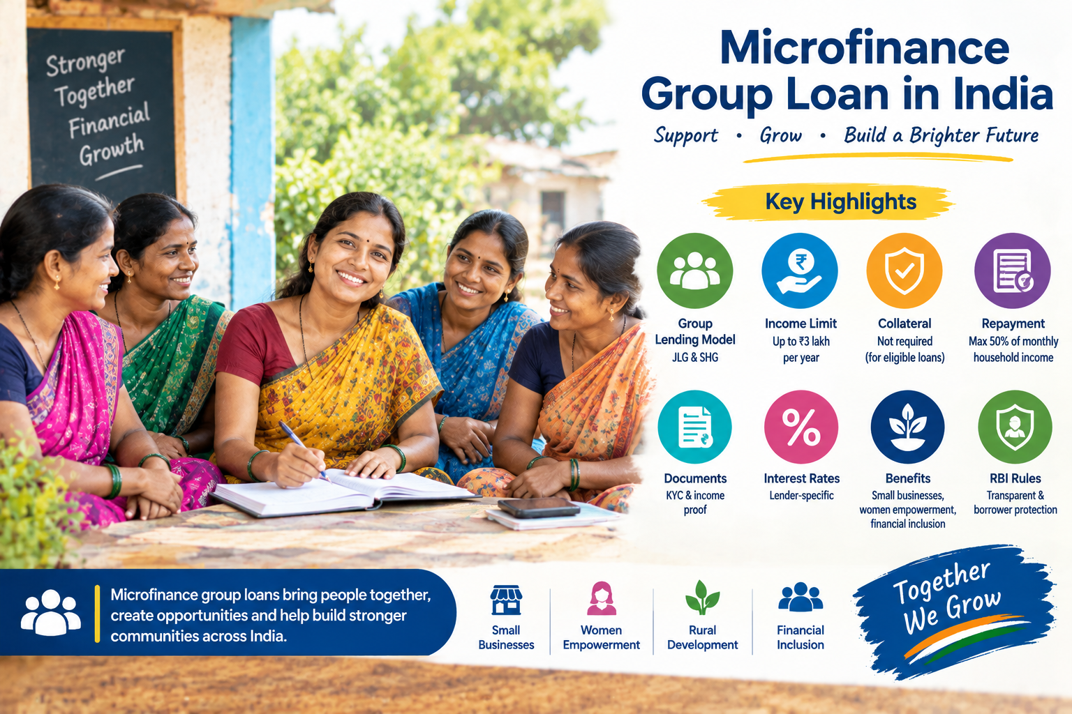 Microfinance group loan in India infographic showing a group of women participating in group lending, with key information on JLG and SHG loans, eligibility, income limits, collateral-free lending, repayment, interest rates, documents, RBI rules, women’s